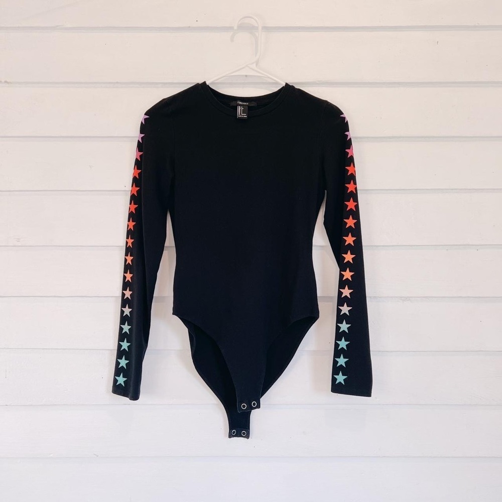 Black Long Sleeve Bodysuit with Rainbow Star Detailing by Forever 21 ⭐️